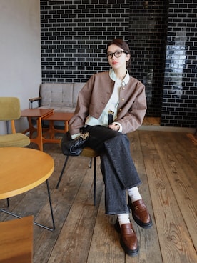 「アイテム（ノーカラージャケット）」を使った、miisuuzuukiiさん（レディース・162cm）の冬コーディネート