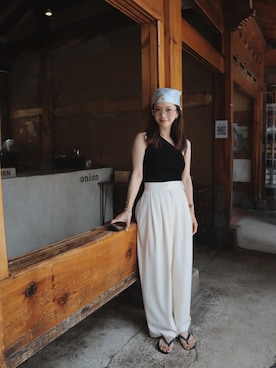 「NICENICE MOMENT（ナイスナイスモーメント）の【別注】＜NICENICE MOMENT for 6＞ONE SHOULDER TOP/トップス（その他トップス、ブラック系）」を使った、miisuuzuukiiさん（レディース・162cm）の夏コーディネート