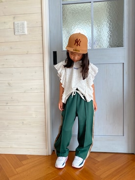 「CIAOPANIC TYPY（チャオパニックティピー）の【KIDS】メッシュフリルワンポイント刺繍ロゴTEE（Tシャツ/カットソー）」を使った、komaさん（キッズ・110cm）の夏コーディネート