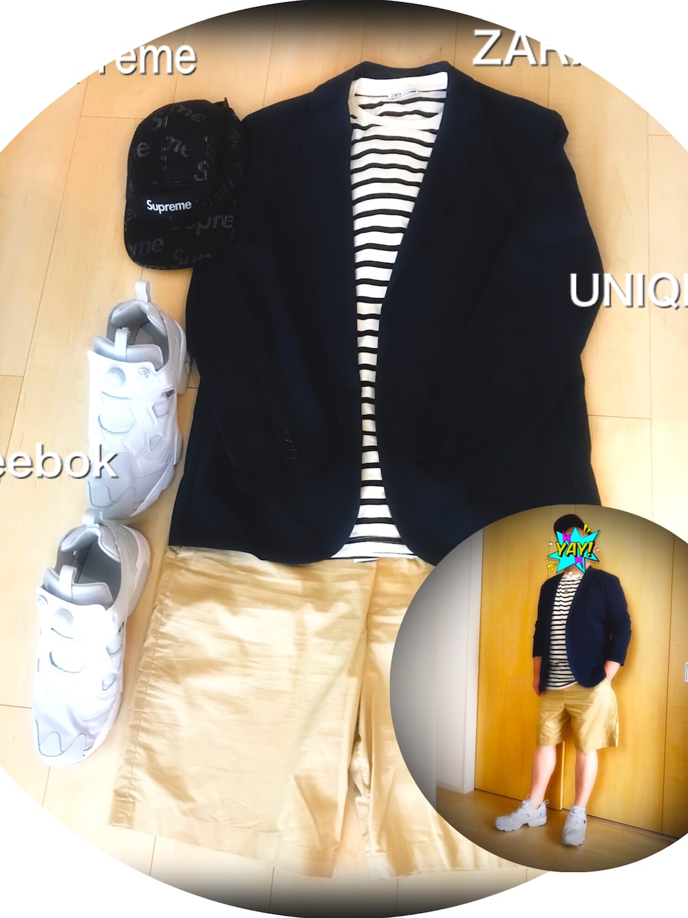 「カジュアルコーデ、秋コーデ、シンプルコーデ、シンプルスタイル、ジャケット、短パン、大人カジュアル、大人コーデ、ZARA、supreme、reebok、UNIQLO、おしゃれさんと繋がりたい、プチプラ」｜「Supreme のsupreme Reflective Tab Pocket Camp Cap（キャップ、ブラック系）」を使った、tomopさん（メンズ・170cm）の秋コーディネートの1枚目の写真
