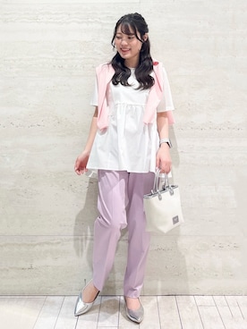 「OPAQUE.CLIP（オペークドットクリップ）の◆ペプラムドッキングカットソー【洗濯機洗い可】（Tシャツ/カットソー）」を使った、かほさん（レディース・153cm）の春コーディネート
