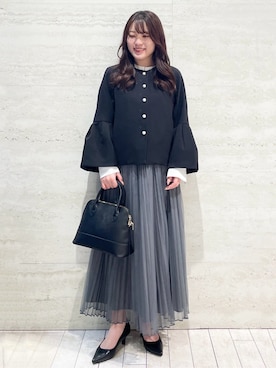 「アイテム（ノーカラージャケット、ブラック系）」を使った、かほさん（レディース・153cm）の冬コーディネート