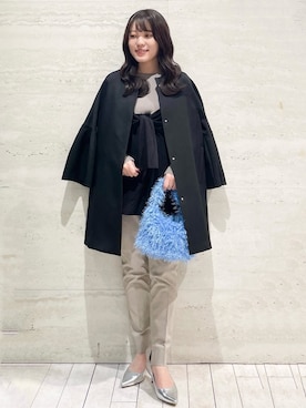 「アイテム（ノーカラーコート、ブラック系）」を使った、かほさん（レディース・153cm）の冬コーディネート