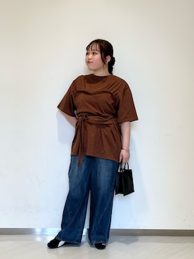 「KBF（ケイビーエフ）のビスチェデザインBIGボーダーTEE（Tシャツ/カットソー、ブラウン系）」を使った、くろさん（レディース・160cm）の春コーディネート