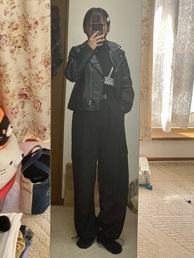 「大学生」｜「アイテム（ライダースジャケット）」を使った、Yuyunさん（レディース・156cm）の秋コーディネート