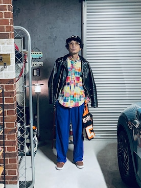 「アイテム（ライダースジャケット）」を使った、h.s.k.さん（メンズ・176cm）の秋コーディネート