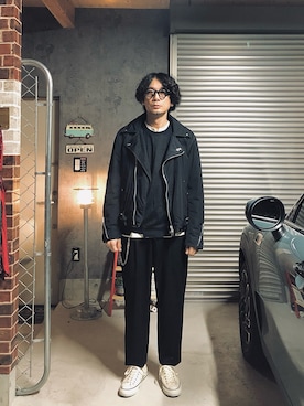 「ほめられ本命コーデ」｜「アイテム（ライダースジャケット）」を使った、h.s.k.さん（メンズ・176cm）の冬コーディネート
