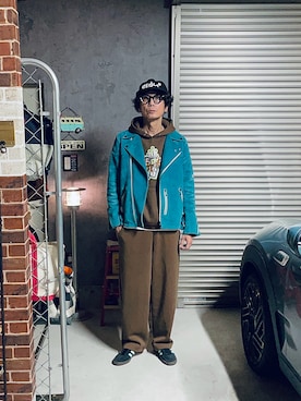 「アイテム（ライダースジャケット）」を使った、h.s.k.さん（メンズ・176cm）の秋コーディネート