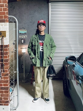 「アイテム（ジャケット/アウター、グリーン系）」を使った、h.s.k.さん（メンズ・176cm）の夏コーディネート