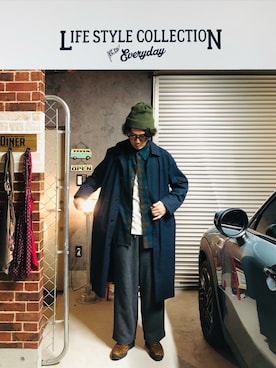 「チェックシャツ」｜「アイテム（ステンカラーコート）」を使った、h.s.k.さん（メンズ・176cm）の冬コーディネート