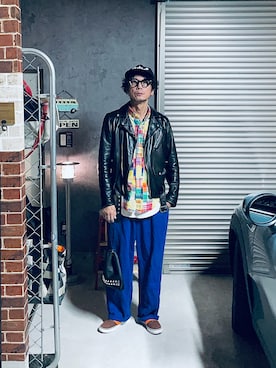 「アイテム（ライダースジャケット）」を使った、h.s.k.さん（メンズ・176cm）の秋コーディネート