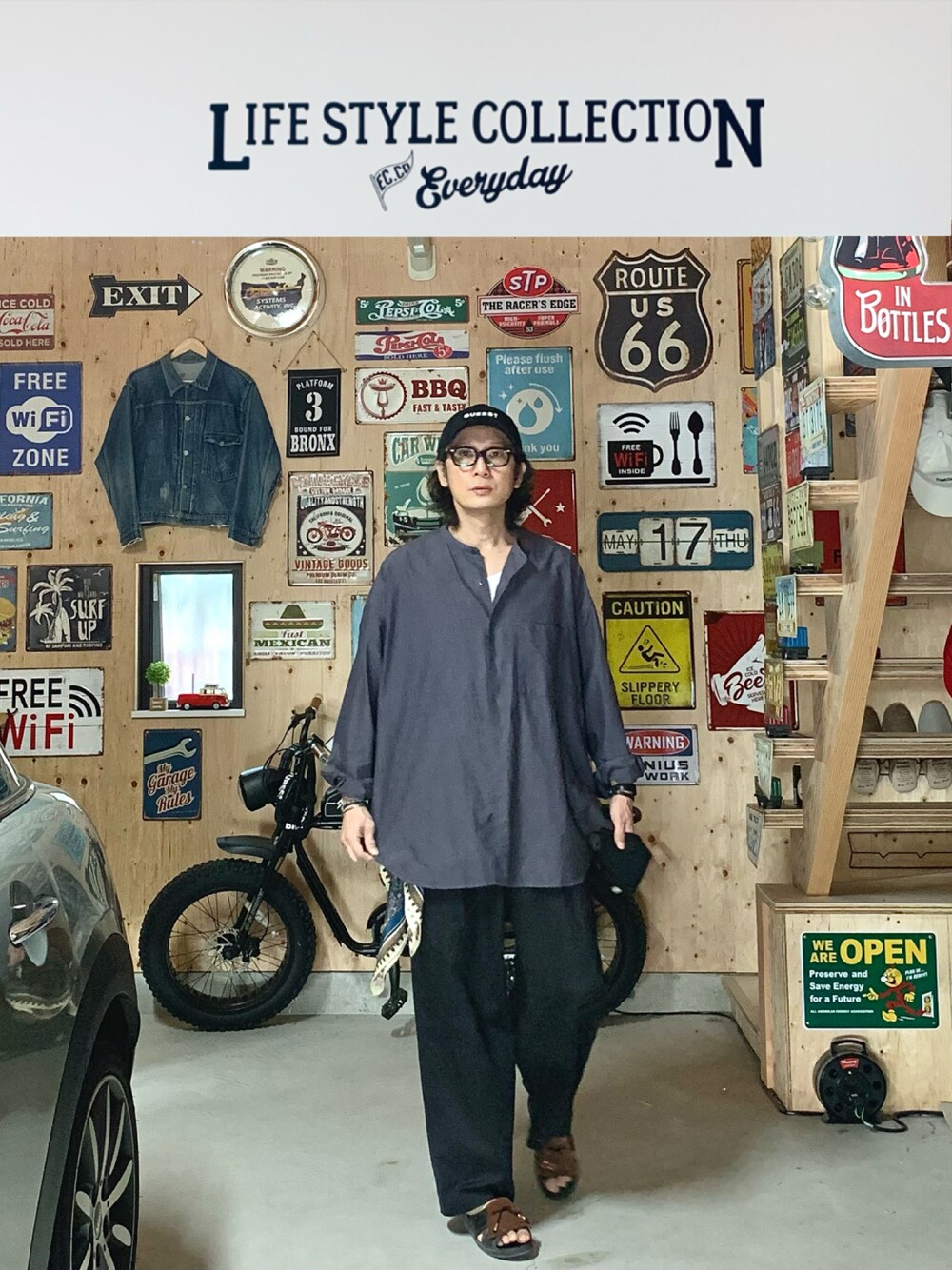 「キヤップ、シャツスタイル、ビッグシルエット、シャツ、スラックス、サンダル、めがね、ワイドパンツ、モノトーン、春夏コーデ、スカーフ、タンクトップ、オトナカジュアル、休日コーデ、シンプルコーデ」｜「markaのアイテム（その他パンツ、ブラック系）」を使った、h.s.k.さん（メンズ・176cm）の春コーディネートの1枚目の写真