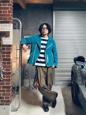 「春服デビュー宣言」｜「アイテム（ライダースジャケット）」を使った、h.s.k.さん（メンズ・176cm）の春コーディネート