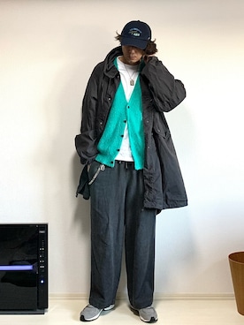 「モヘアカーディガン」｜「アイテム（キャップ）」を使った、h.s.k.さん（メンズ・176cm）の冬コーディネート