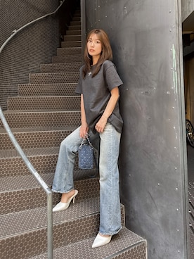「GYDA（ジェイダ）のsacred edge cross emboss BIG Tシャツ（Tシャツ/カットソー、グレー系）」を使った、Misaさん（レディース・158cm）の夏コーディネート