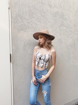 「GYDA（ジェイダ）のW BACK RIPPEDスキニーデニムパンツ（デニムパンツ）」を使った、Misaさん（レディース・158cm）の夏コーディネート