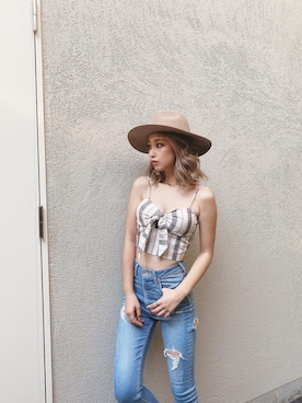 「GYDA（ジェイダ）のW BACK RIPPEDスキニーデニムパンツ（デニムパンツ）」を使った、Misaさん（レディース・158cm）の夏コーディネート