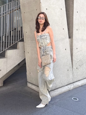 「GYDA（ジェイダ）の2WAYデニムチェーンロンパース（つなぎ/オールインワン、ブルー系）」を使った、Misaさん（レディース・158cm）の春コーディネート