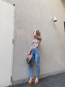 「GYDA（ジェイダ）のW BACK RIPPEDスキニーデニムパンツ（デニムパンツ）」を使った、Misaさん（レディース・158cm）の夏コーディネート