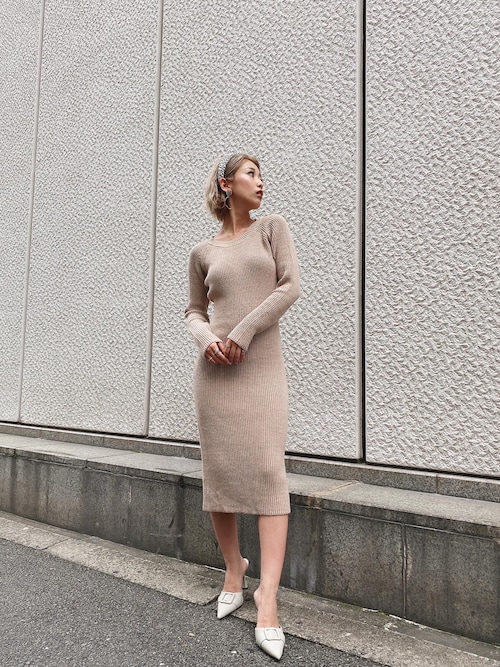GYDA ベージュ リブ編み ワンピース セール】BACK OPENリブニットロングワンピ（ワンピース）｜GYDA