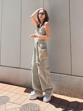 「GYDA（ジェイダ）の2WAYデニムチェーンロンパース（つなぎ/オールインワン、ブルー系）」を使った、Misaさん（レディース・158cm）の春コーディネート