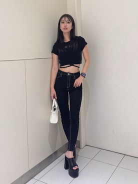 「GYDA（ジェイダ）のBASICチャンキーサンダル（サンダル、ブラック系）」を使った、Misaさん（レディース・158cm）の夏コーディネート