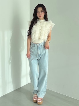「MERCURYDUO（マーキュリーデュオ）のチュールフリルニット（ニット/セーター、ホワイト系）」を使った、mikaさん（レディース・155cm）の冬コーディネート