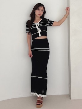 「MERCURYDUO（マーキュリーデュオ）のクロシェ風ニットセットアップ（ワンピース、ブラック系）」を使った、mikaさん（レディース・155cm）の春コーディネート