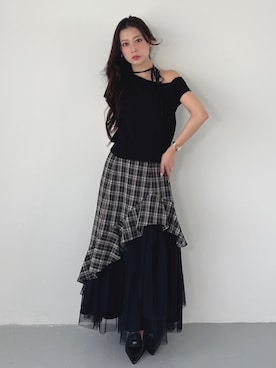 「MERCURYDUO（マーキュリーデュオ）のワンショルダーチョーカーニット（ニット/セーター、ブラック系）」を使った、mikaさん（レディース・155cm）の夏コーディネート