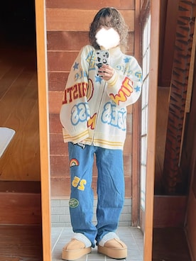 「ニットカーディガン」｜「アイテム（スリッポン）」を使った、おちさん（レディース・155cm）の冬コーディネート