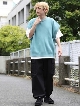 「JUNRED（ジュンレッド）のアイテム（ベスト）」を使った、EIJIさん（メンズ・173cm）の夏コーディネート