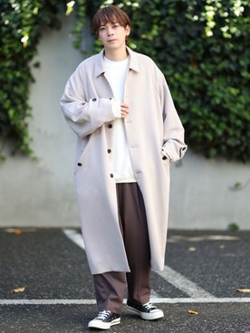 「JUNRED（ジュンレッド）のアイテム（ステンカラーコート）」を使った、EIJIさん（メンズ・173cm）の秋コーディネート