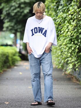 「JUNRED（ジュンレッド）のアイテム（サンダル）」を使った、EIJIさん（メンズ・173cm）の夏コーディネート