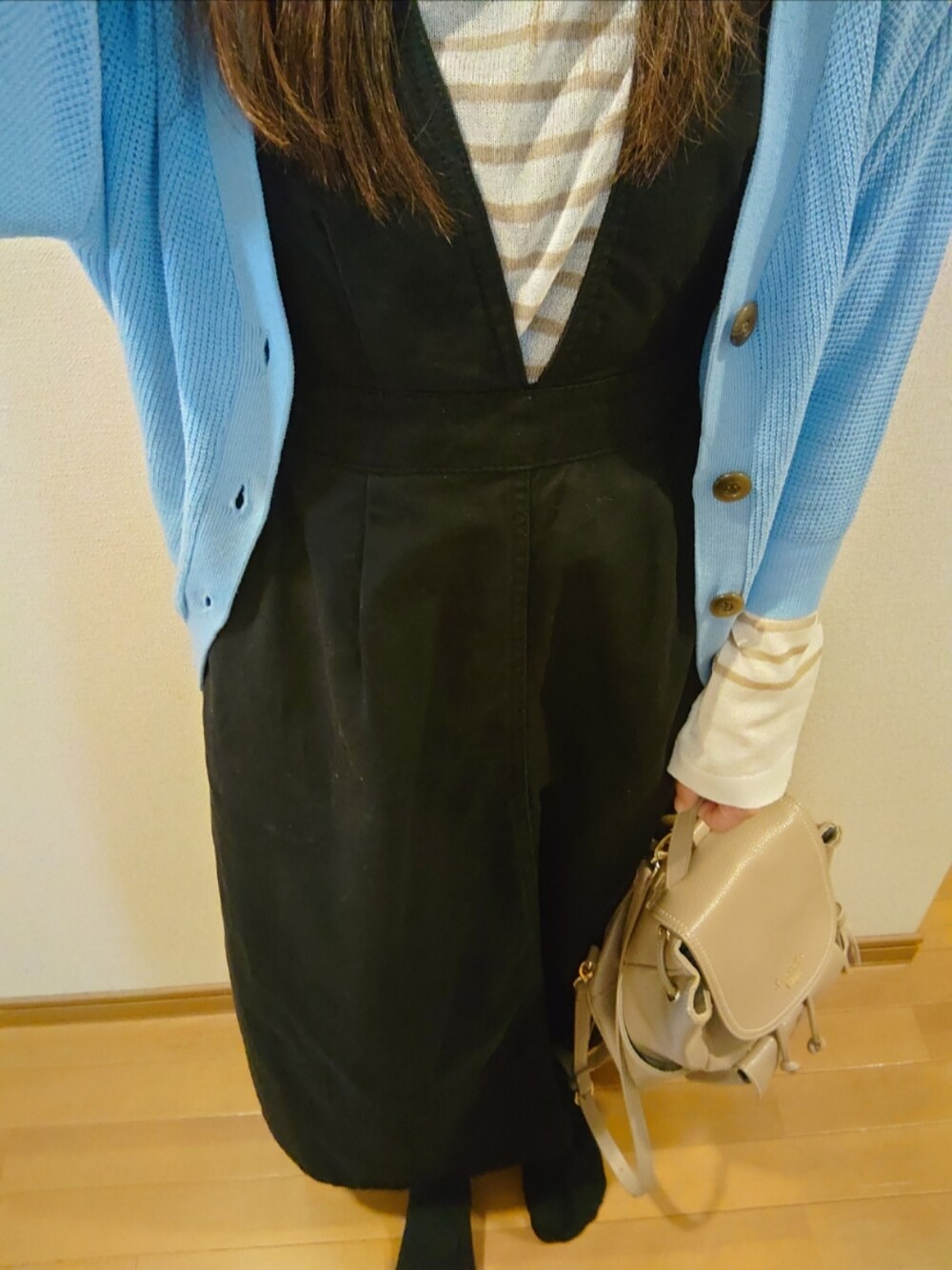 「春服コーデ、低身長コーデ、ワンピース」｜「Green　Parksのシアーボーダーニットプルオーバー（ニット/セーター、ベージュ系）」を使った、yu,さん（レディース・151cm）の春コーディネートの1枚目の写真
