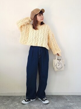 「ケーブルニット」｜「アイテム（福袋/福箱）」を使った、パン粉さん（レディース・151cm）の秋コーディネート