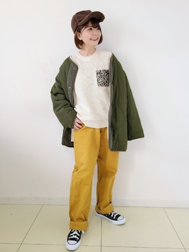 「EDWIN」｜「アイテム（ミリタリージャケット）」を使った、パン粉さん（レディース・151cm）の冬コーディネート