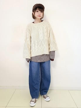 「ケーブルニット」｜「アイテム（ラッピングキット）」を使った、パン粉さん（レディース・151cm）の冬コーディネート