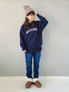 「ロゴニット」｜「アイテム（ニットキャップ/ビーニー）」を使った、パン粉さん（レディース・151cm）の秋コーディネート