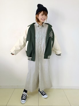 「シャツワンピ」｜「アイテム（スタジャン）」を使った、パン粉さん（レディース・151cm）の冬コーディネート