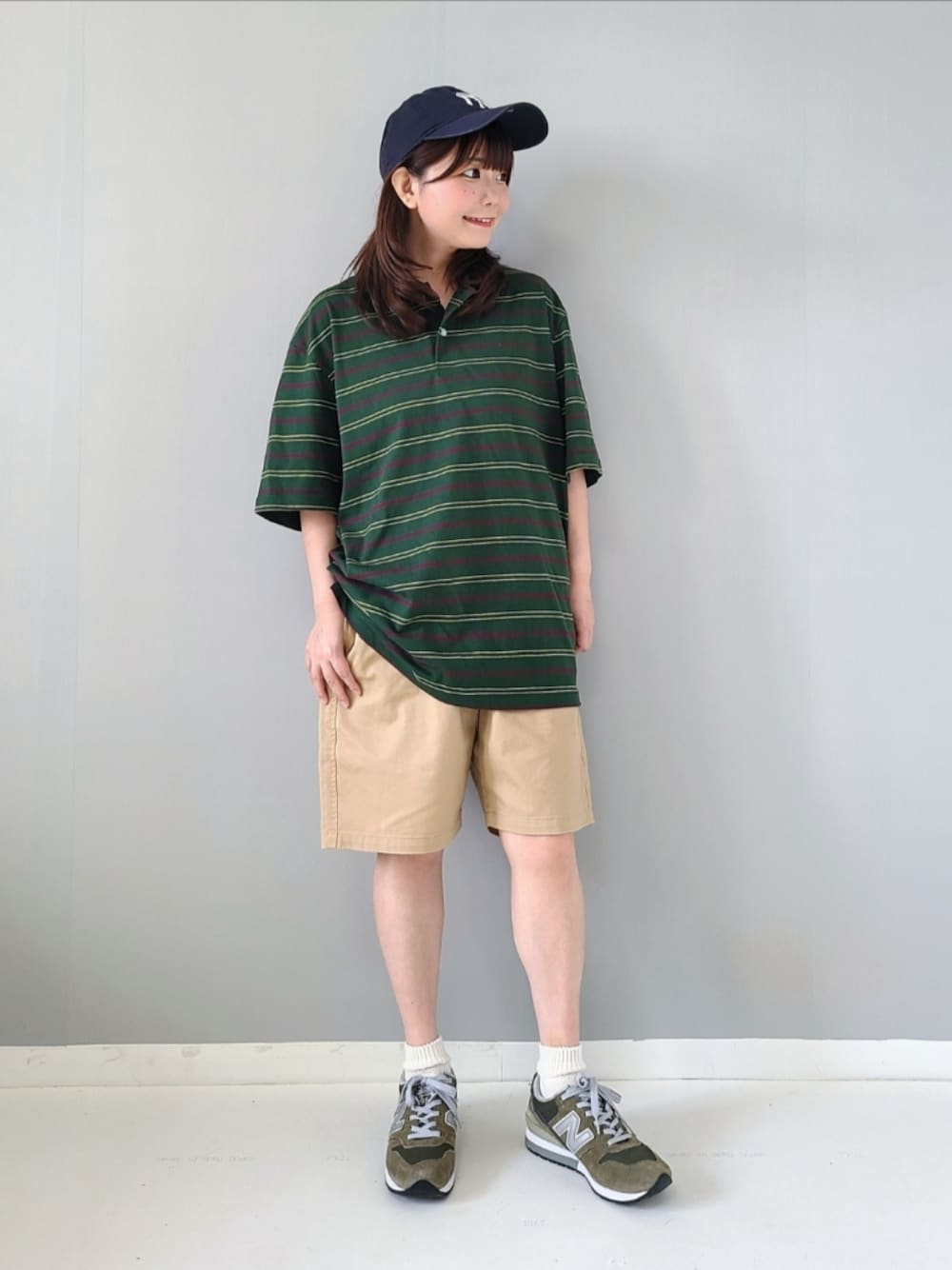 「GU、WEGO、ハーフパンツ、ショートパンツ、プチプラ、ポロシャツ、メンズライク、ストリート、キャップ、お出かけコーデ、休日スタイル、シンプルコーデ、夏コーデ、ボーダー、低身長」｜「GUのアイテム（ポロシャツ、グリーン系）」を使った、パン粉さん（レディース・151cm）の夏コーディネートの1枚目の写真