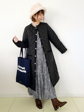 「Traditional Weatherwear」｜「アイテム（ノーカラーコート）」を使った、パン粉さん（レディース・151cm）の冬コーディネート