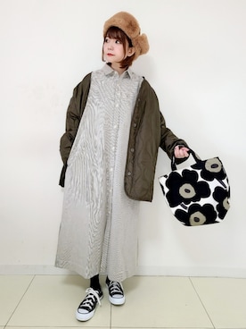 「シャツワンピ」｜「アイテム（ノーカラーコート）」を使った、パン粉さん（レディース・151cm）の冬コーディネート