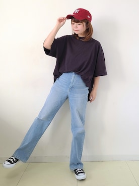「Lee」｜「アイテム（キャップ）」を使った、パン粉さん（レディース・151cm）の夏コーディネート