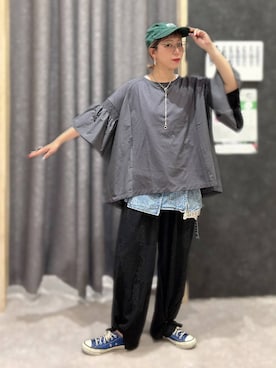 「LEPSIM（レプシィム）の2WAYレースパッチワークパンツ　1017903（その他パンツ、ブラック系）」を使った、miwataraさん（レディース・157cm）の夏コーディネート