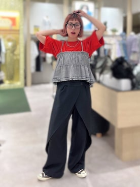 「LEPSIM（レプシィム）の《スグッカワ》ショートワイドT　639429（Tシャツ/カットソー、レッド系）」を使った、miwataraさん（レディース・157cm）の夏コーディネート