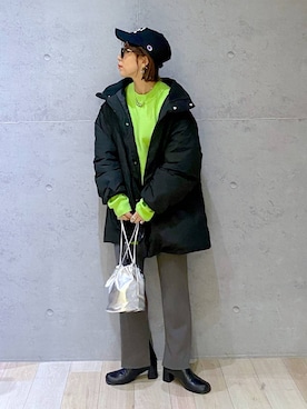 「着痩せ」｜「アイテム（ダウンジャケット/コート）」を使った、miwataraさん（レディース・156cm）の冬コーディネート