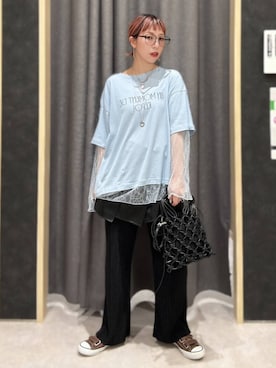 「LEPSIM（レプシィム）の調光ファッショングラス　451342（メガネ、ブラック系）」を使った、miwataraさん（レディース・157cm）の夏コーディネート