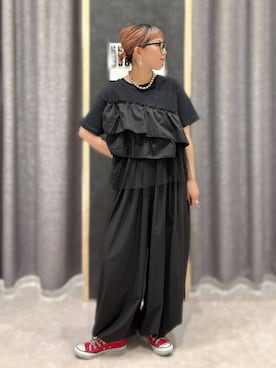「LEPSIM（レプシィム）の異素材フリルドッキングT2　667510（Tシャツ/カットソー、ブラック系）」を使った、miwataraさん（レディース・157cm）の夏コーディネート