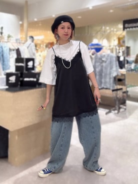 「LEPSIM（レプシィム）のサテンレースキャミチュニック　639092（キャミソール、ブラック系）」を使った、miwataraさん（レディース・157cm）の夏コーディネート
