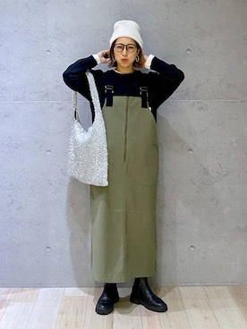 「アイテム（ママ＆ベビー、グリーン系）」を使った、miwataraさん（レディース・156cm）の秋コーディネート